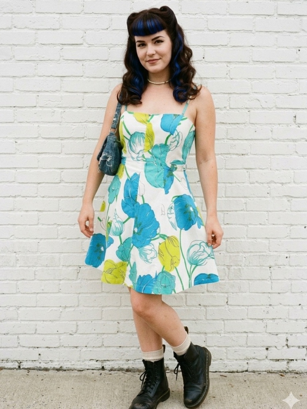 Y2K Nine West Blue Green Floral Fit & Flare Belted Spaghetti Strap Dress